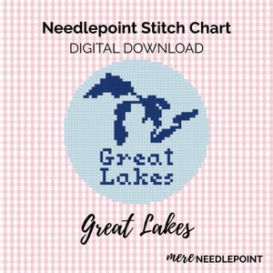 Op de afbeelding: Een digitale kruissteekkaart met een blauw en wit ontwerp van de Grote Meren. De tekst "Needlepoint Stitch Chart DIGITAL DOWNLOAD" staat bovenaan, met "Great Lakes" in een gestileerd lettertype eronder. De achtergrond is een roze en wit geruit patroon.