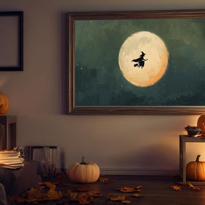 Moon Witch Painting, Spooky Halloween Wall Art, Witch Silhouette Night Sky Decor, Haunted Autumn Artwork, Digital Printable