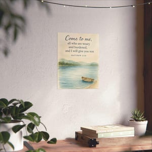 Matthew 11:28 Bible Verse Watercolor Poster Christian Wall Art Scripture Print Matte Vertical