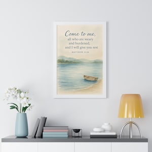 Matthew 11:28 Bible Verse Framed Poster Christian Wall Art Watercolor Scripture Print