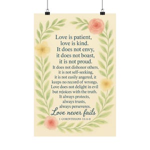 1 Corinthians 13:4 8 Bible Verse Poster Christian Wall Art Love is Patient Scripture Print