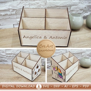 Könnte beinhalten: Ein Holz-Organizer mit sechs Fächern, mit den eingravierten Namen "Angelica & Antonio". Das Design beinhaltet einen Fußball und eine Einhorn-Illustration. Der Text "Cre Art LaserWood" ist ebenfalls sichtbar. Der untere Teil des Bildes zeigt "DIGITAL DOWNLOAD SVG - DXF - AI - EPS - PDF".