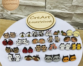 Wooden Animal Stud Earrings, Set of 21 – SVG Laser Cut Jewelry File – DIY Jewelry – Digital Download, DXF, PDF, SVG, AI, EPS. Ref. #1312