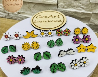 天然木製スタッドピアス、16個セット – SVGレーザーカットジュエリーファイル – DIYジュエリー – デジタルダウンロード、DXF、PDF、SVG、AI、EPS。品番：1341