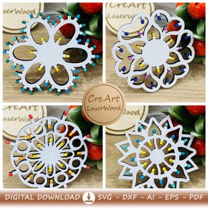 May include: Four white wooden Christmas ornaments with colorful string lights. Each ornament has a unique snowflake-like design. The image also includes a wooden circle with the text "CreArt LaserWood" and the words "DIGITAL DOWNLOAD" and "SVG - DXF - AI - EPS - PDF".