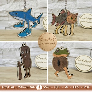 Può includere: Portachiavi in legno tagliati al laser con fantasiosi disegni di animali: uno squalo con scarpe da ginnastica, un gatto con squame di pesce, un tronco d'albero con una mazza e una rana con un corpo di pneumatico. Ogni portachiavi ha un anello di metallo. Il testo "CreArt LaserWood" è visibile.