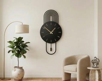 Luksusowy zegar wahadłowy do salonu, minimalistyczna sztuka ścienna, nowoczesny zegar w czerni i złocie, prezent do nowego domu, wysokiej jakości metalowy zegar ścienny do domu