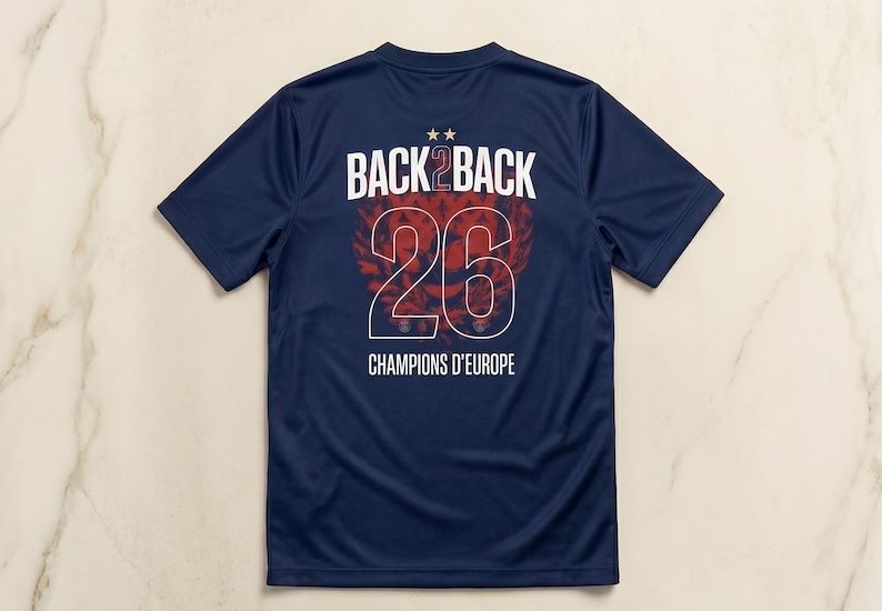 May include: A navy blue short-sleeved t-shirt featuring a graphic on the back. The design includes the white text BACK 2 BACK, two small stars, the large number 26 in white outline, and the text CHAMPIONS D'EUROPE in white below the number.