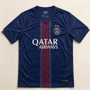 Peut inclure: Un maillot à manches courtes bleu foncé avec une bande verticale centrale rouge ornée d'un motif en losanges. Le vêtement présente le texte blanc QATAR AIRWAYS, l'écusson du Paris Saint-Germain avec deux étoiles dorées et l'inscription ICI C'EST PARIS.