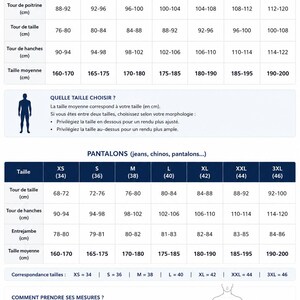 May include: A white sizing chart titled GUIDE DES TAILLES HOMME featuring two tables for tops and pants with measurements in centimeters. It includes a silhouette diagram showing how to measure chest, waist, hips, and inseam for clothing fit.