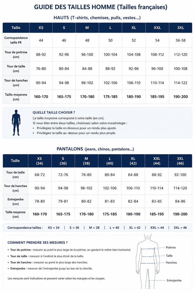 May include: A white sizing chart titled GUIDE DES TAILLES HOMME featuring two tables for tops and pants with measurements in centimeters. It includes a silhouette diagram showing how to measure chest, waist, hips, and inseam for clothing fit.