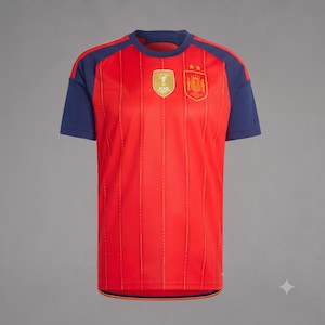 Può includere: Una maglia rossa a maniche corte con maniche blu scuro e girocollo. La parte anteriore presenta sottili righe verticali arancioni, uno stemma dorato della Coppa del Mondo FIFA e l'emblema della nazionale di calcio spagnola con due stelle dorate.