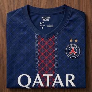 May include: A dark blue Paris Saint-Germain soccer jersey featuring a V-neck collar, a red and white vertical geometric pattern down the center, the text QATAR in white, and the Paris Saint-Germain crest with two gold stars on the chest.