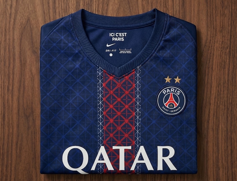 May include: A dark blue Paris Saint-Germain soccer jersey featuring a V-neck collar, a red and white vertical geometric pattern down the center, the text QATAR in white, and the Paris Saint-Germain crest with two gold stars on the chest.