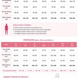 May include: A French size guide chart for clothing featuring two tables for tops and pants. The tables list sizes from XS to 3XL with corresponding measurements in centimeters for chest, waist, hips, and height, including a diagram for measuring.