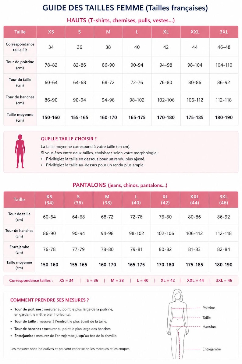 May include: A French size guide chart for clothing featuring two tables for tops and pants. The tables list sizes from XS to 3XL with corresponding measurements in centimeters for chest, waist, hips, and height, including a diagram for measuring.