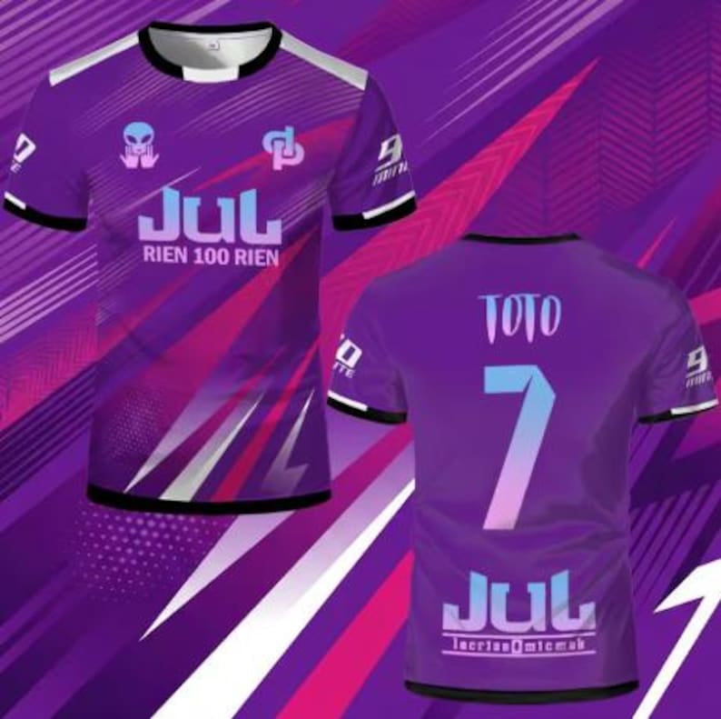 May include: A purple short-sleeved jersey featuring a graphic of an alien, the text JUL RIEN 100 RIEN on the front, and the name TOTO with the number 7 and the text JUL on the back, all set against a background of diagonal purple lines.