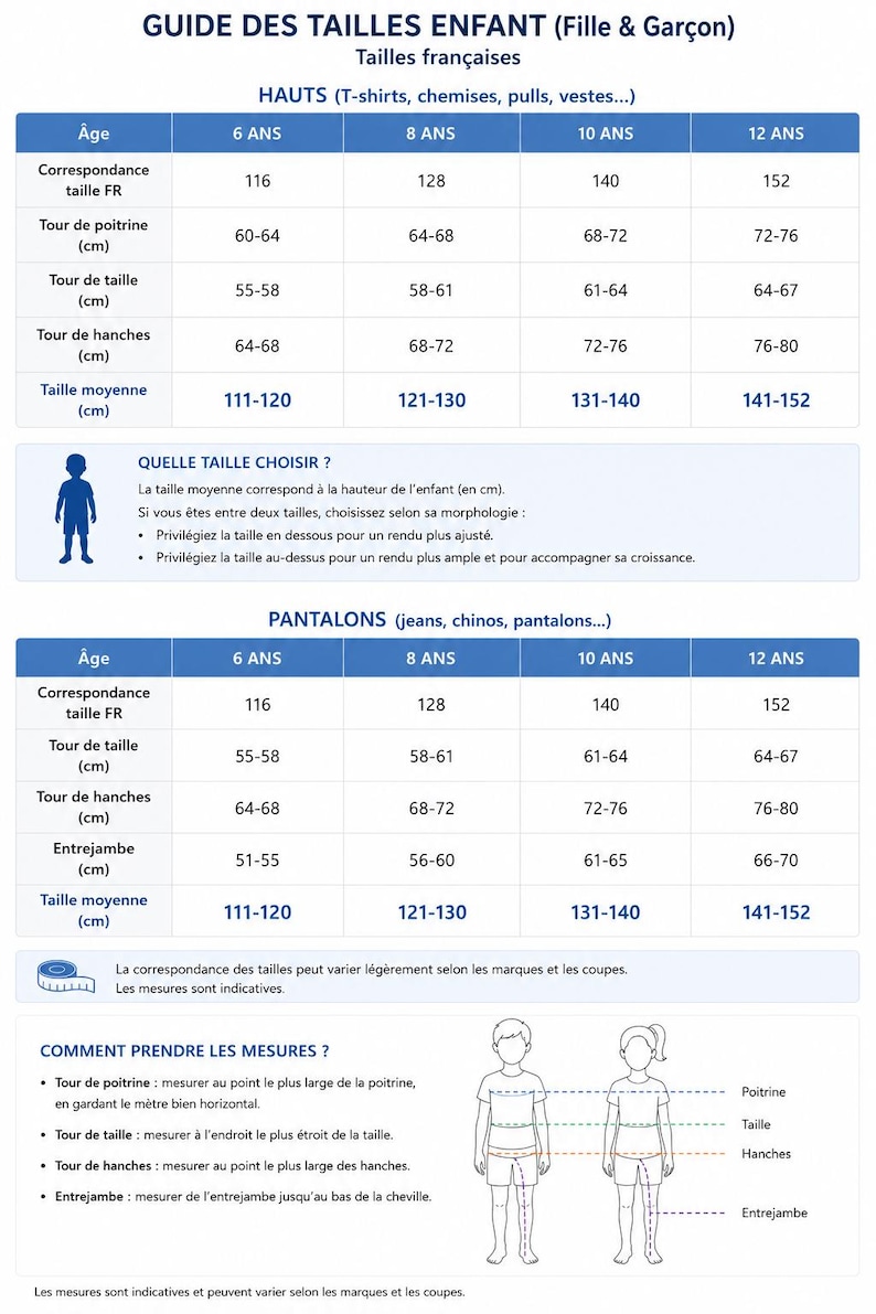 May include: A French children's size guide chart featuring tables for tops and pants for ages 6 to 12. It includes measurements in centimeters for chest, waist, hips, and inseam, along with illustrated instructions on how to take body measurements.
