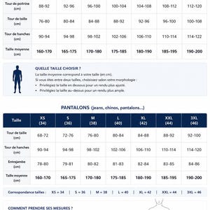 May include: A white sizing chart titled GUIDE DES TAILLES HOMME featuring two tables for tops and pants with measurements in centimeters. It includes a silhouette diagram showing how to measure chest, waist, hips, and inseam for clothing fit.