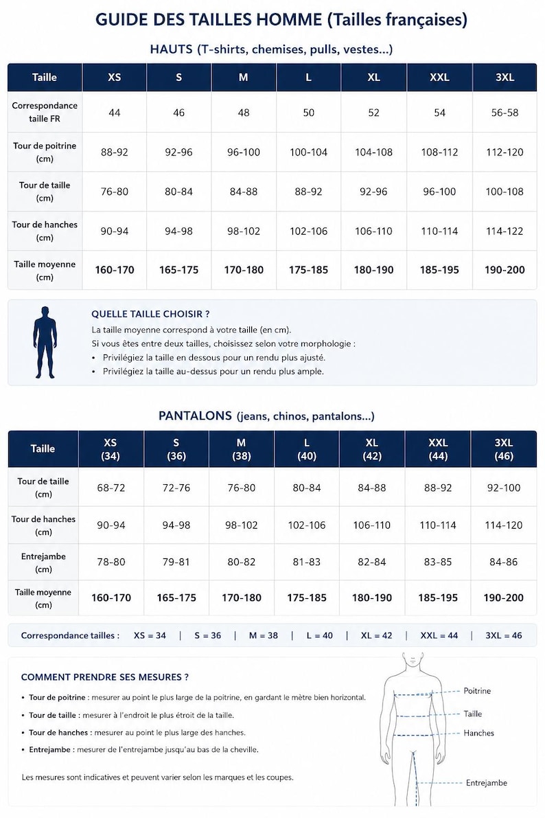 May include: A white sizing chart titled GUIDE DES TAILLES HOMME featuring two tables for tops and pants with measurements in centimeters. It includes a silhouette diagram showing how to measure chest, waist, hips, and inseam for clothing fit.
