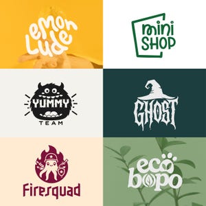 May include: A collection of six logos with various designs and text. The logos include "Lemon Lude" in a playful font, a green "mini SHOP" design, a monster with "YUMMY TEAM", a witch hat with "GHOST", a fiery octopus with "Firesquad", and "eco bopo" with a leaf.