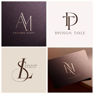 May include: Four logo designs featuring elegant typography. The logos include the initials "AM", "DT", "SL", and "KN", with the names "Arcane Matt", "Divison Tayle", "Shadow League", and "Kathria Kattle" displayed below.