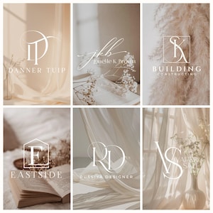 May include: A collection of six images featuring elegant logos with floral and fabric backgrounds. The logos include initials and company names such as "Danner Tuip," "Jonelle K. Brown," and "Eastside." The color palette is soft, with beige and white tones.