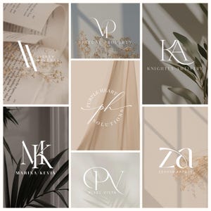 May include: A collage of logos with elegant, minimalist designs. Each logo features stylized initials and company names, such as "Viskey Apperal," "Virtual Property," and "Knightly Artistry." The color palette is neutral, with soft beige and white tones.