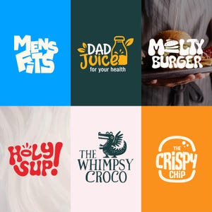 Può includere: Un collage di sei loghi con testo in grassetto e illustrazioni. I loghi includono "MENS FTS" in bianco su blu, "DAD Juice for your health" in giallo e verde e "MELTY BURGER" in bianco su sfondo scuro. Altri loghi includono "HOLY SUP!" in rosso, "THE WHIMPSY CROCO" e "THE CRISPY CHIP".