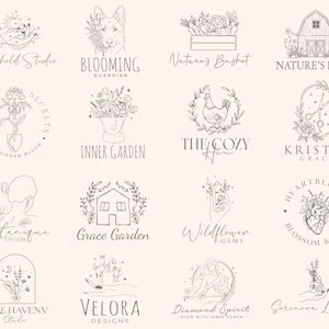 Pode incluir: Uma coleção de designs de logotipos minimalistas em bege claro. Os logotipos apresentam ilustrações de arte linear de um cão, flores, um celeiro, uma galinha, tesouras, uma mulher, uma casa, uma mão segurando um cristal, um coração e elementos botânicos.