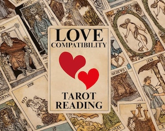 Può includere: Una lettura di tarocchi con una carta centrale raffigurante due cuori rossi e le parole "LOVE COMPATIBILITY" e "TAROT READING". La carta è circondata da altre carte dei tarocchi con illustrazioni.