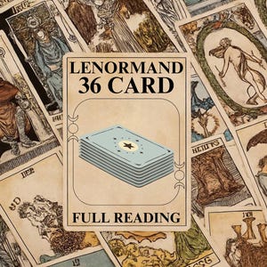 May include: A deck of Lenormand 36 cards for a full reading, with a stack of light blue cards featuring a star design. The cards are surrounded by other tarot cards with illustrations in a vintage style.