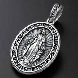 Miraculous Medal Necklace, Catholic Pendant Sterling Silver, Virgin Mary Faith Jewelry, Handmade Religious Charm Gift For Her