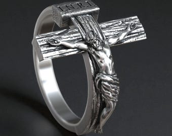Silver Crucifix Ring: Raised Cross, Handmade Christian Jewelry