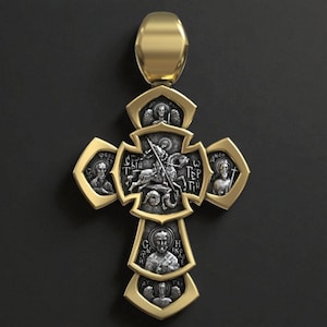 Orthodox Jesus Christ Cross Pendant, Sterling Silver Saint George Charm, Faith Necklace, Handmade Spiritual Jewelry Gift for Her