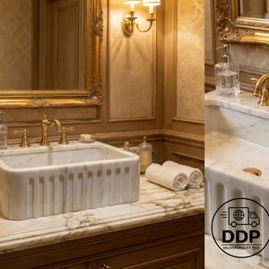 Kitchen Sink: Carrara White Marble, Rectangular Farmhouse (Handmade Stone)