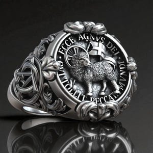 Lamb Of God Agnus Dei Ring, Christian Signet Jewelry, Spiritual Faith Band, Handmade Sterling Silver, Religious Gift For Men And Women