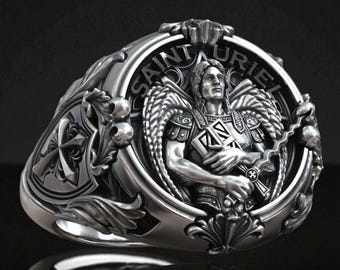Saint Uriel Archangel Ring: Gothic Sword and Shield in Silver
