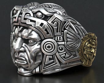 Aztec Warrior Ring: Tribal Silver with Gold Detail