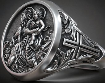 Saint Christopher Ring: Sterling Silver Signet with Cross Detail