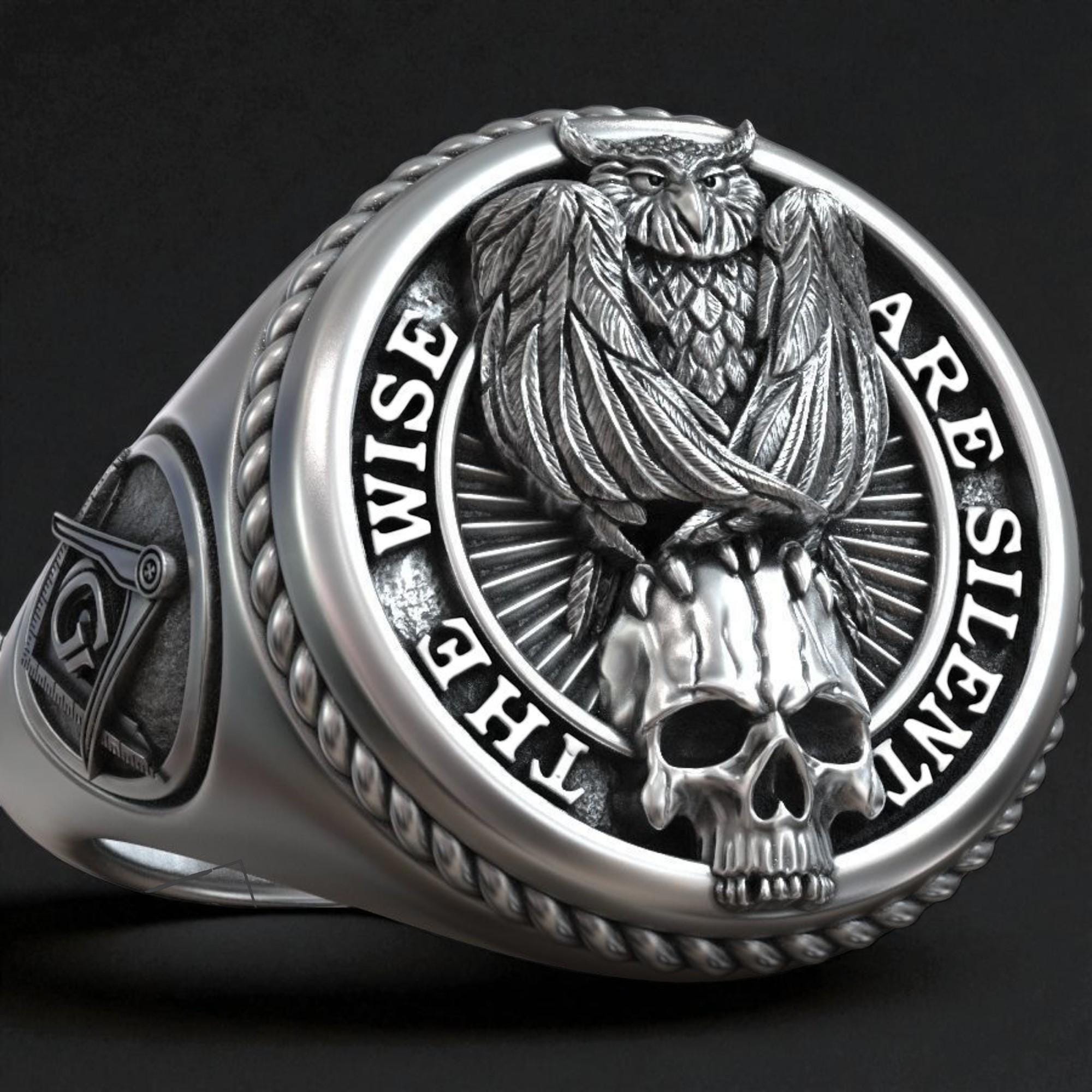 Owl Skull Signet Ring, Freemason Jewelry, Masonic Compass, Gothic Mens Ring, Handmade Silver, Symbol