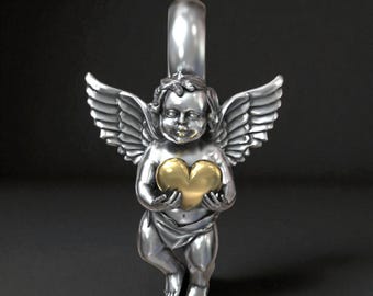 Cupid Angel Pendant Necklace, Sterling Silver with Gold Heart (Handmade Charm)