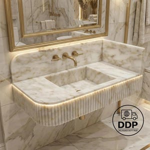 Calacatta Gold Marble Sink: Handcrafted Rectangular Basin with Backsplash