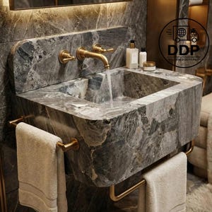 Bathroom Vanity Sink: Gray Marble Rectangular Basin - Wall Mount or Countertop