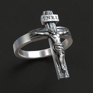 Catholic 925 Silver Crucifix Ring, INRI Christian Jewelry, Faith Band Gift, Men&#39;s Spiritual Ring, Handmade Religious Accessory