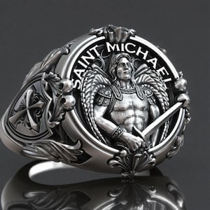 Erzengel Michael Ring Silber, Erzengel Schmuck, Christlicher Glaube Band, Schild Schwert Design, Spiritueller Schutz Geschenk, Handgefertigter Metall