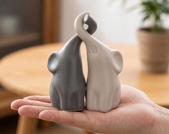 Ceramic Elephant Couple Figurine, Interlocking Trunks Statue for Love & Luck, Modern Minimalist Home Decor, Wedding or Anniversary Gift Set