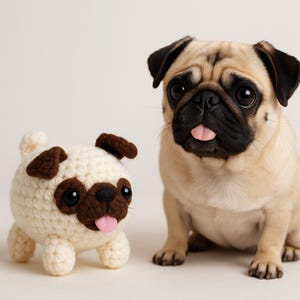 May include: A tan pug dog sits next to a crocheted pug toy. The real pug has a black muzzle and ears, with its tongue sticking out. The crocheted toy is cream-colored with brown accents and a pink tongue.