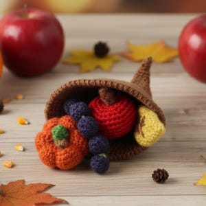May include: A brown crocheted cornucopia filled with handmade fruit and vegetables. It features a red apple, orange pumpkin, yellow squash, and purple grapes. Two red apples are in the background.