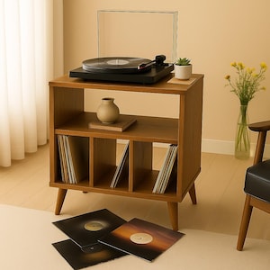 Mid Century Modern Record Player Stand with Vinyl Record Storage – Solid Wood Turntable Table and Stereo Cabinet for Living Room